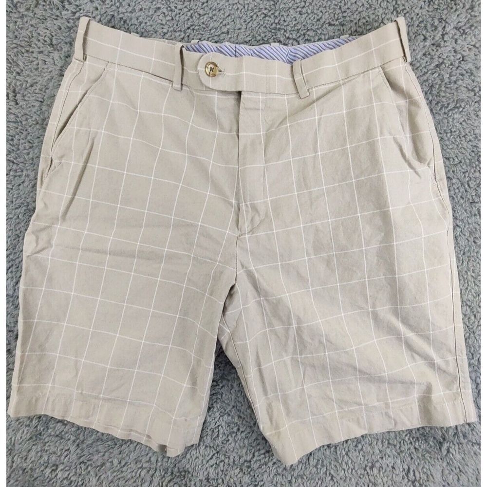 Peter Millar Shorts Men's Size 34 Tan/White Striped Cotton Golf Casual 9" Inseam